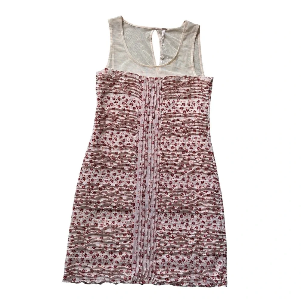 Free People NWOT Shimmy Bitsy Ditsy Floral  Mini Dress Sheer Mesh Ruffle Small‎